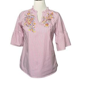Quacker Factory Women Top XXS Runs Lg 3/4 Sleeve Coquette White Pink Strips
